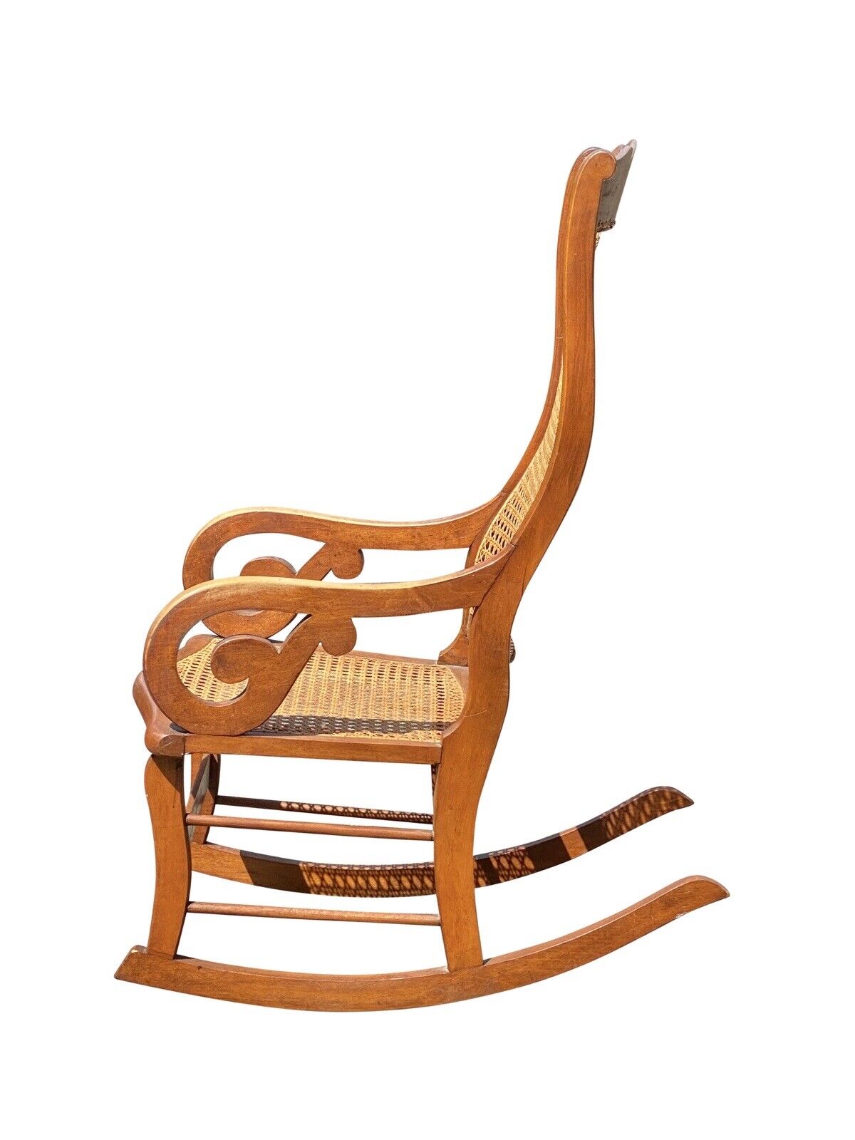 Antique Late 19th Century Tiger Maple Lincoln Rocking Chair With Whale Tail Arms