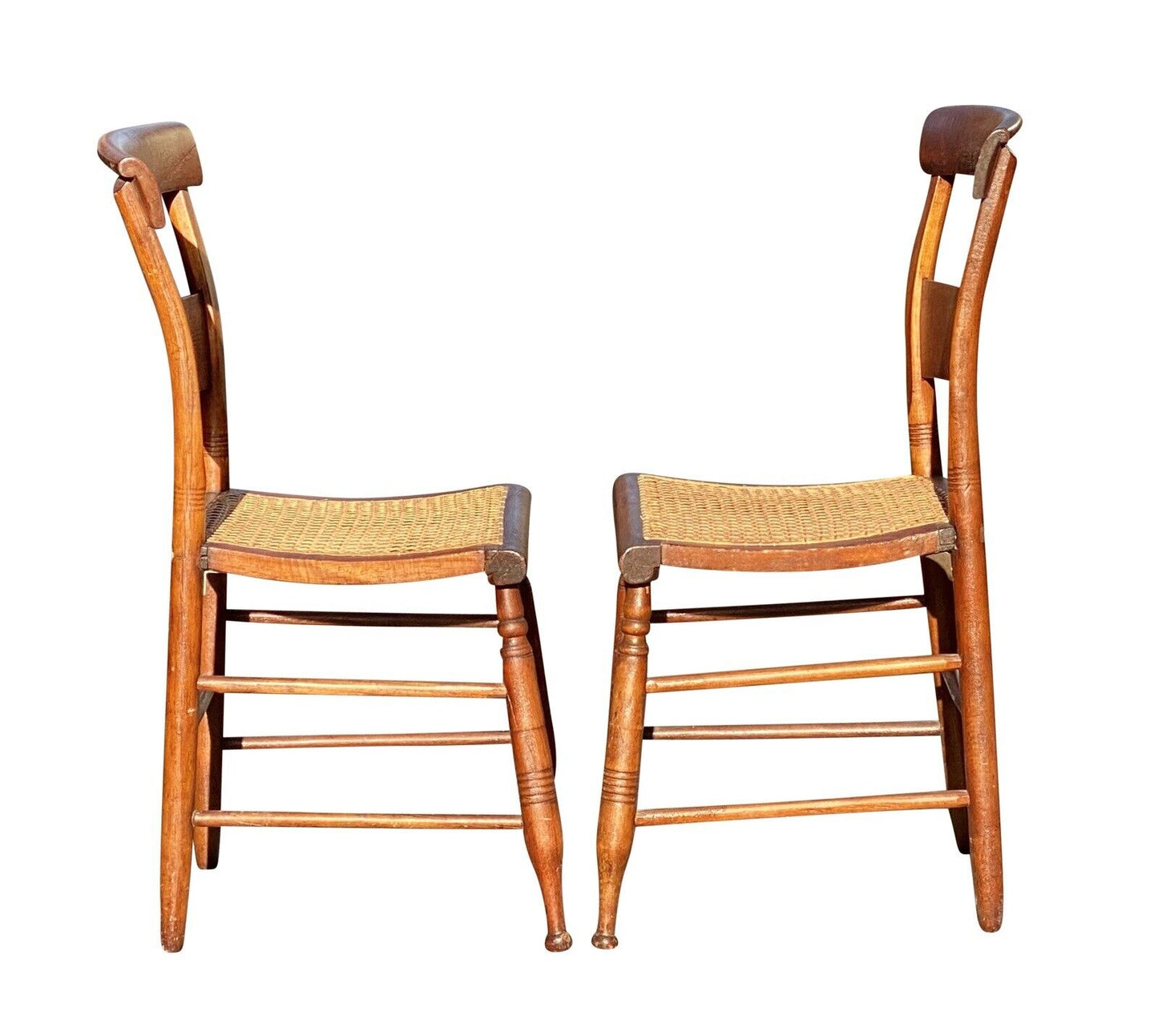 19th C Antique Pair of Tiger Maple Side Chairs With Cane Seats