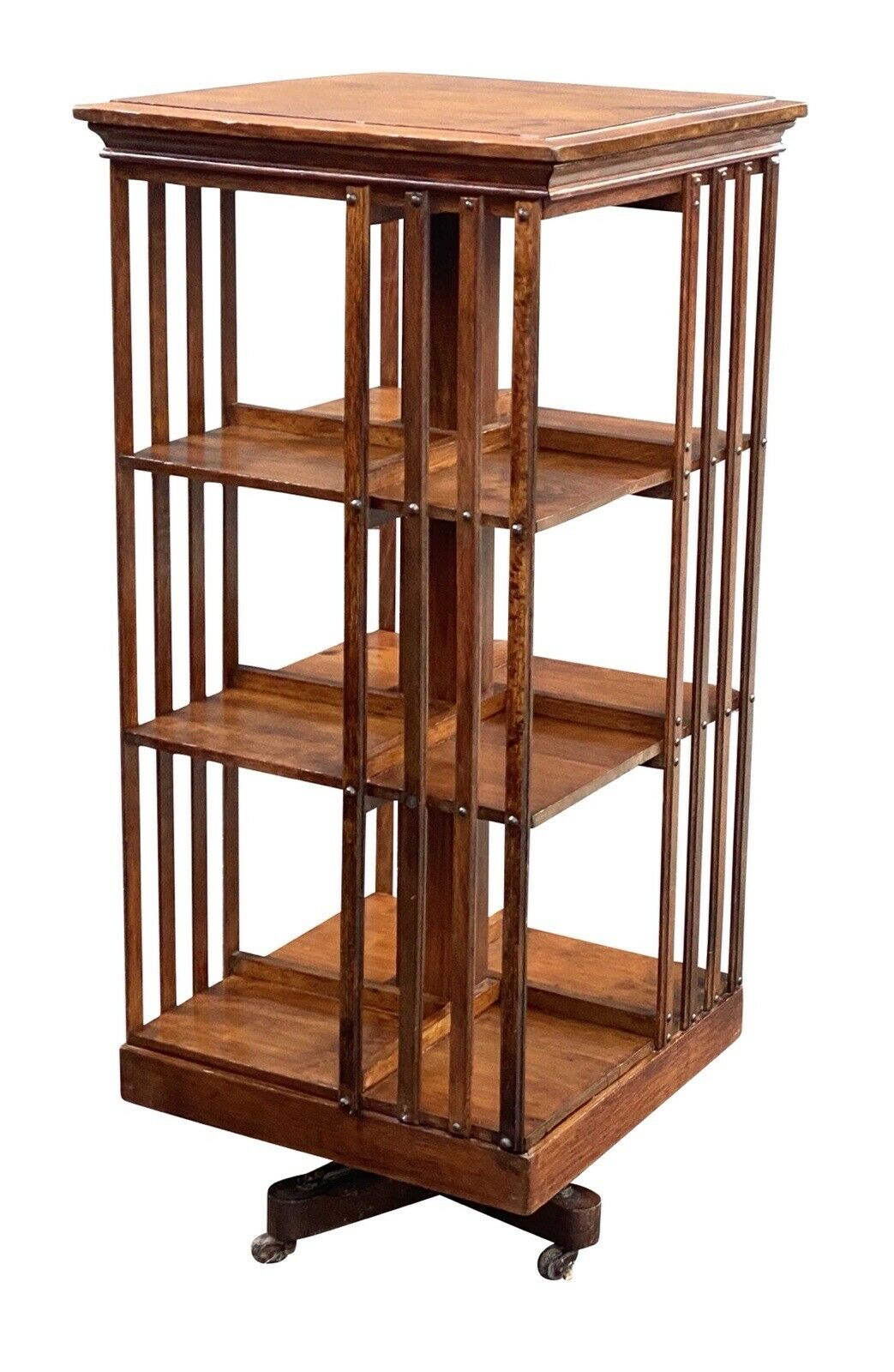 19TH C ANTIQUE TIGER OAK DANNER REVOLVING 3 TIER CHAMPION BOOKCASE