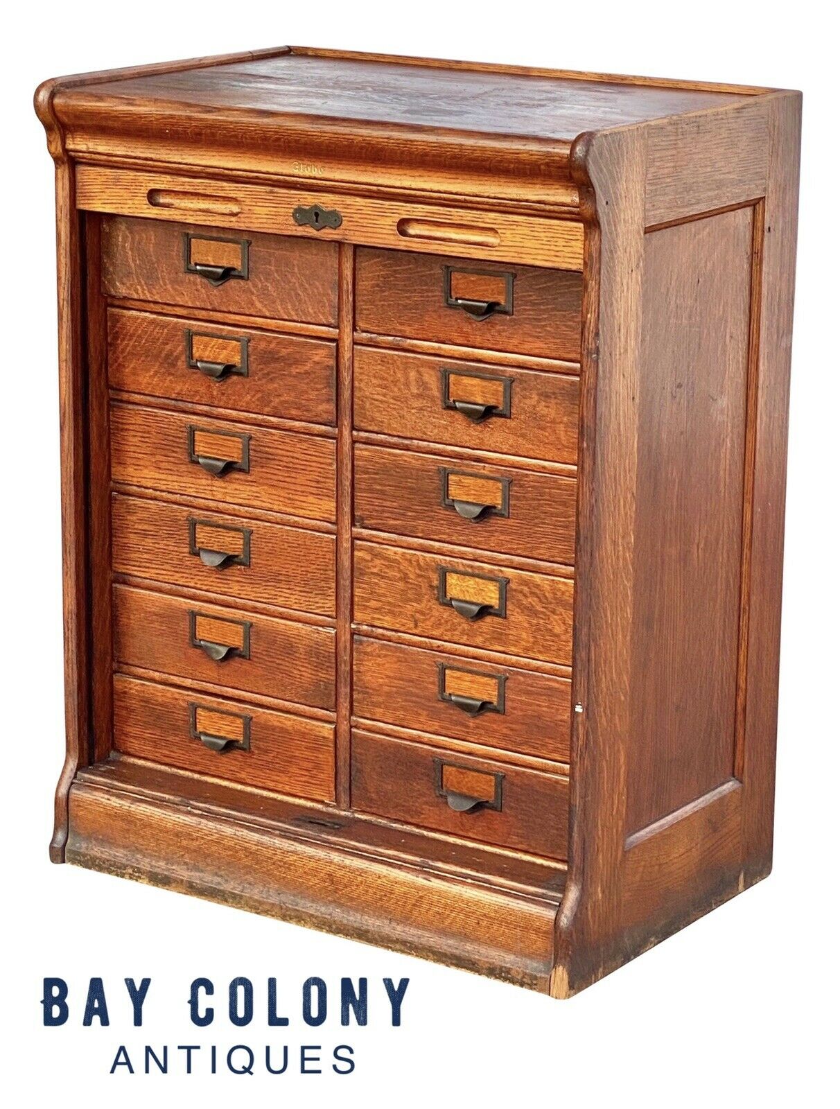 19TH C ANTIQUE TIGER OAK GLOBE 12 DRAWER TAMBOUR OFFICE FILE CABINET