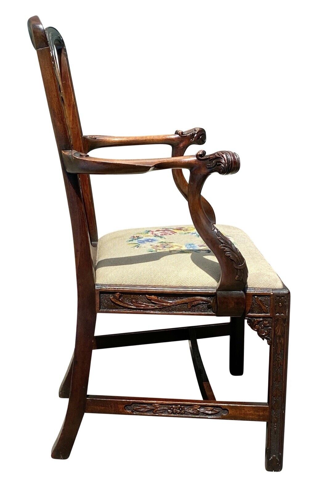 19th C Antique Chippendale Style Carved Mahogany Desk Chair W/ Needlepoint Seat