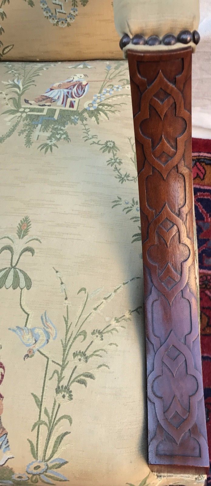 FABULOUS ANTIQUE CHINESE CHIPPENDALE LIBRARY LOLLING CHAIR-MINT GOLD SILK FABRIC