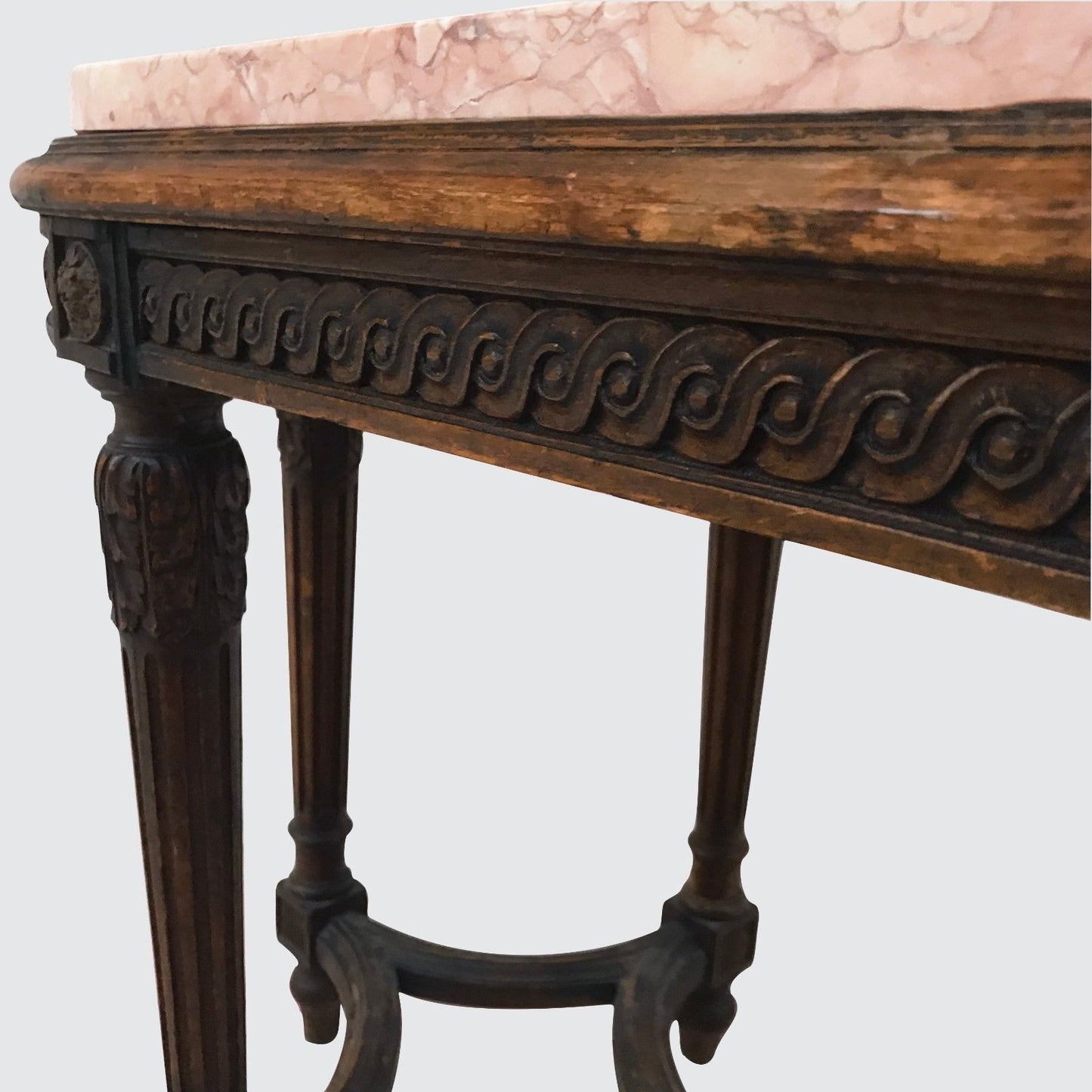 FRENCH STYLED CARVED OAK MARBLE TOPPED WINDOW BENCH TABLE