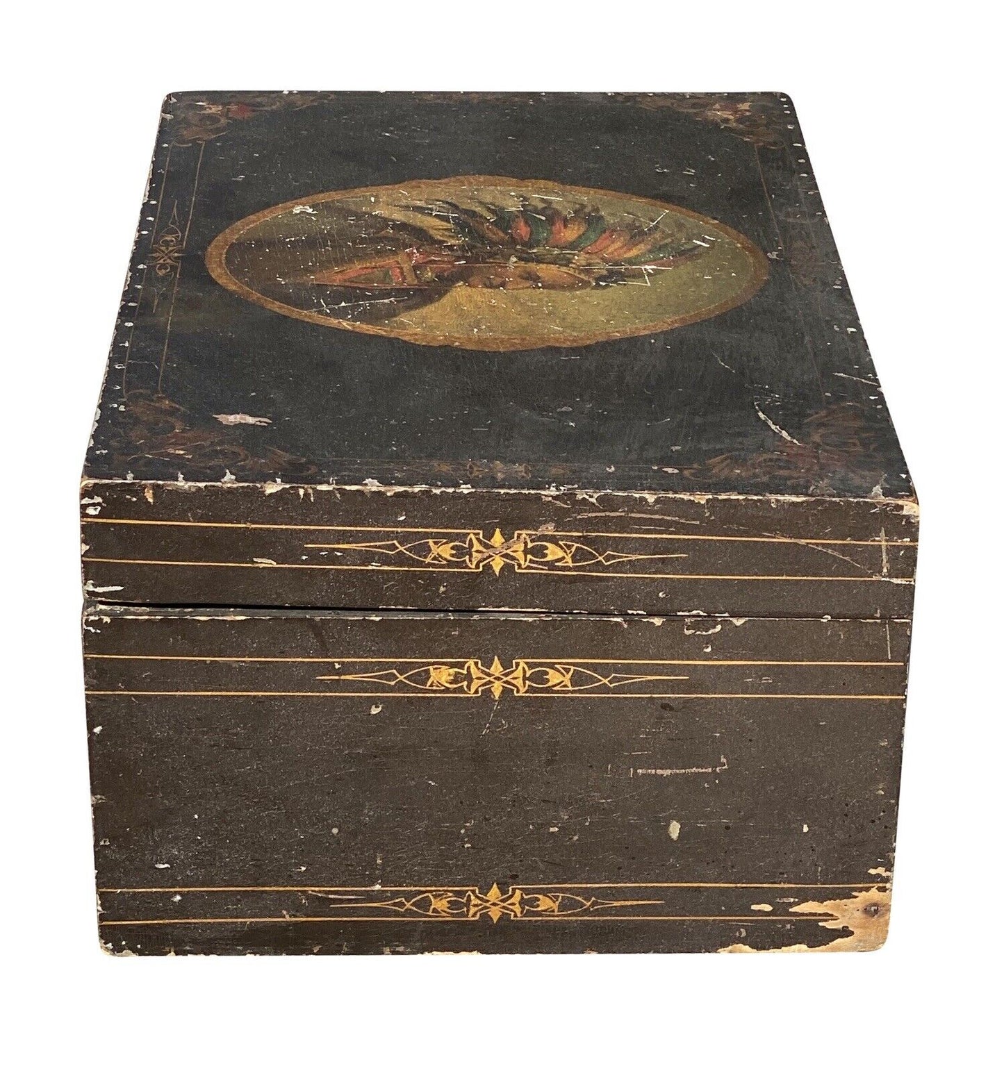 19th C Antique Folk Art Painted Document Box Depicting Native American War Chief