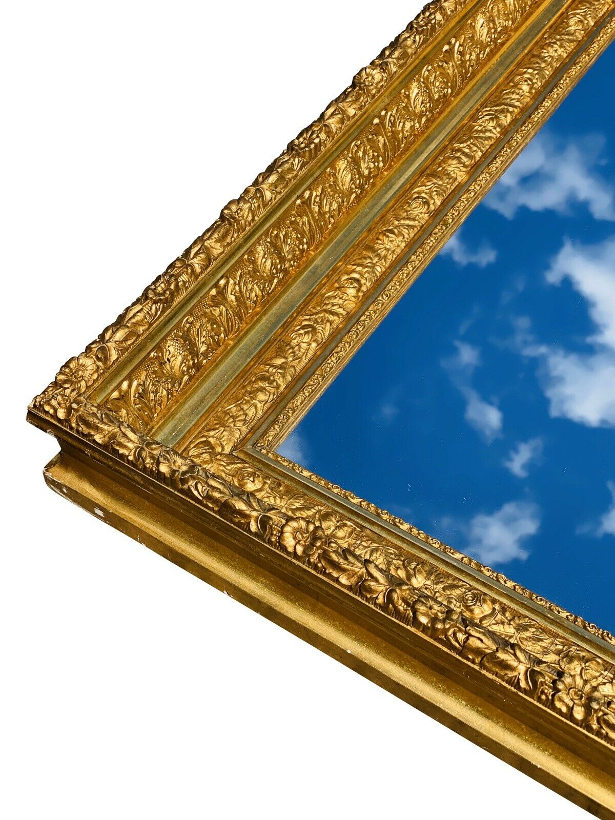 19TH C ANTIQUE VICTORIAN FLORAL CARVED GILT GESSO MIRROR