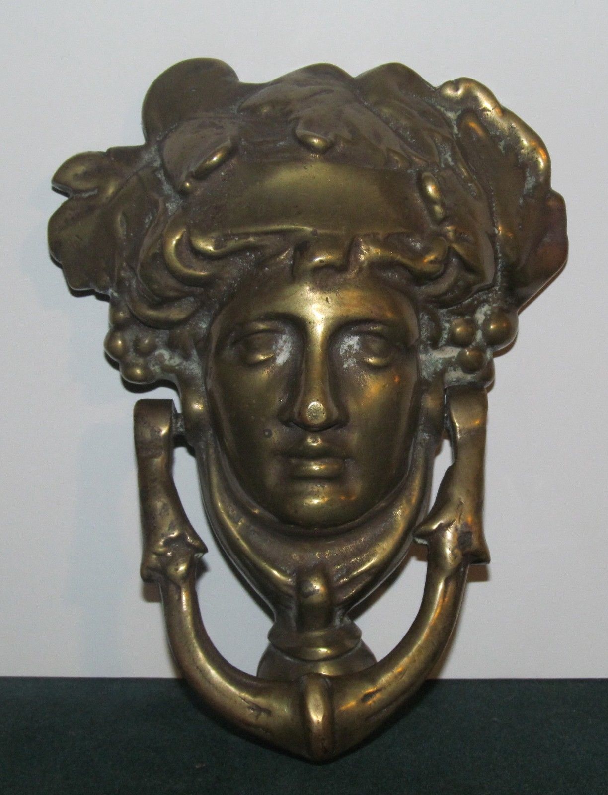LARGE BRASS FIGURAL ANTIQUE DOOR KNOCKER-MYTHICAL FIGURE HEAD
