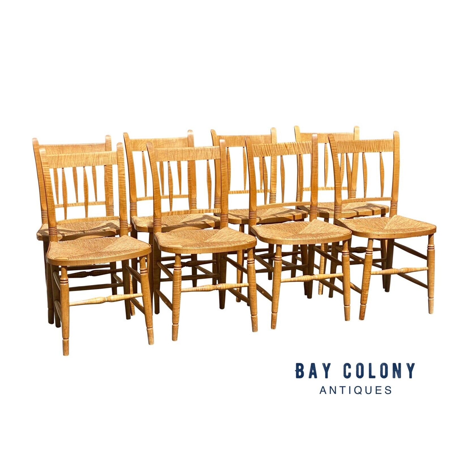 Set of Eight Federal Style Tiger Maple Country Windsor Thumb Back Dining Chairs