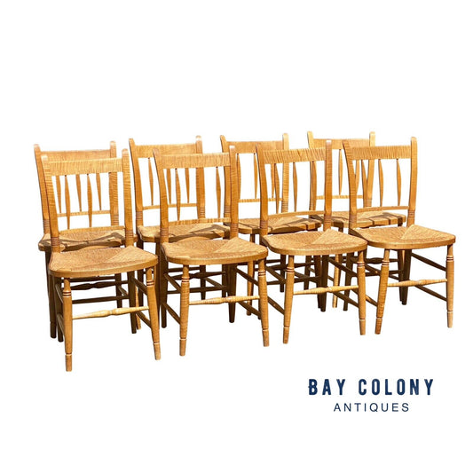 Set of Eight Federal Style Tiger Maple Country Windsor Thumb Back Dining Chairs