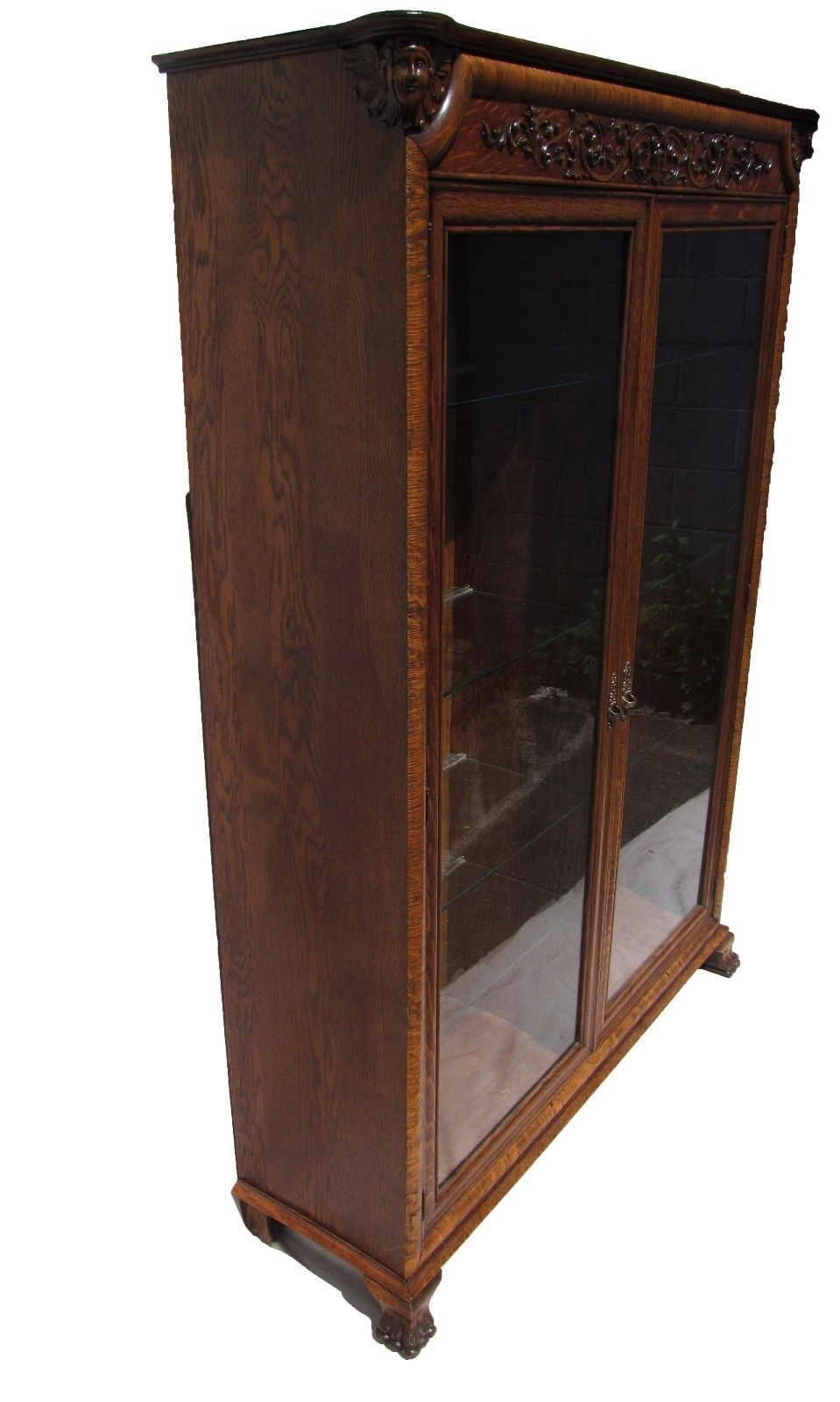 VICTORIAN R.J. HORNER RENAISSANCE REVIVAL TIGER OAK DOUBLE DOOR CARVED BOOKCASE