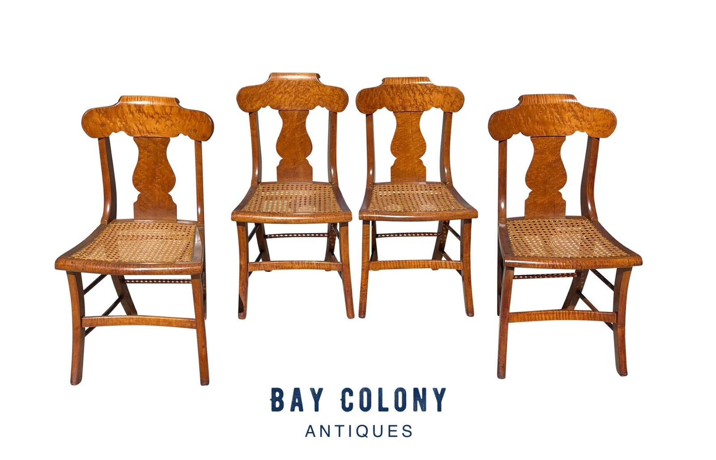 Antique Set of 4 Curly Maple & Birds Eye Maple Saber Leg Dining Chairs