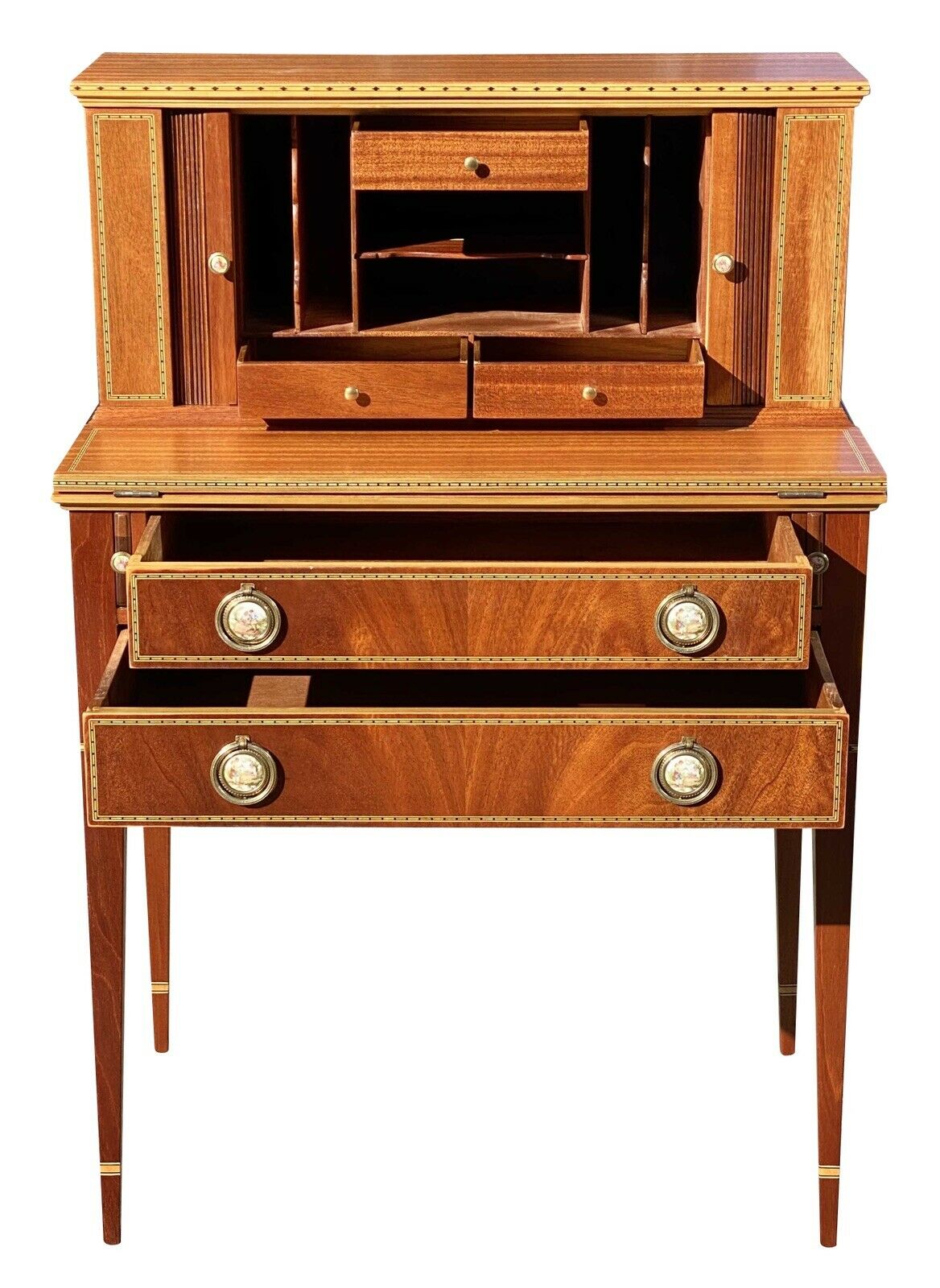 20th C Federal Antique Style Mahogany Tambour Ladies Secretary Desk