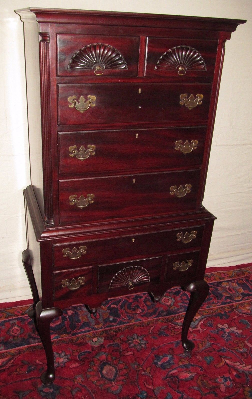 TRIPLE SHELL CARVED 2 PC CHEST ON CHEST SOLID MAHOGANY CHIPPENDALE HIGHBOY