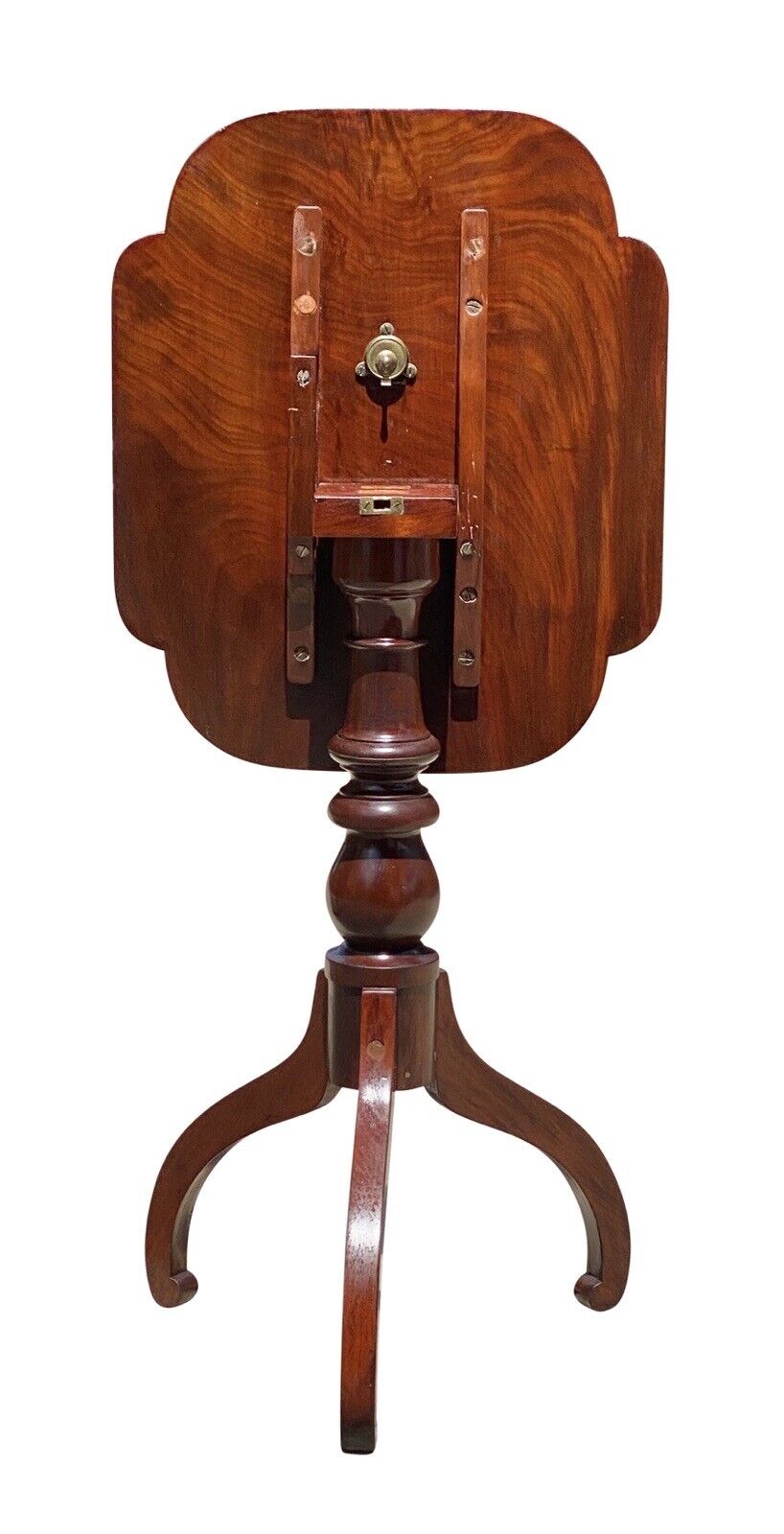 19th C Antique Boston Mahogany Tilt Top Candlestand W/ Scalloped Top