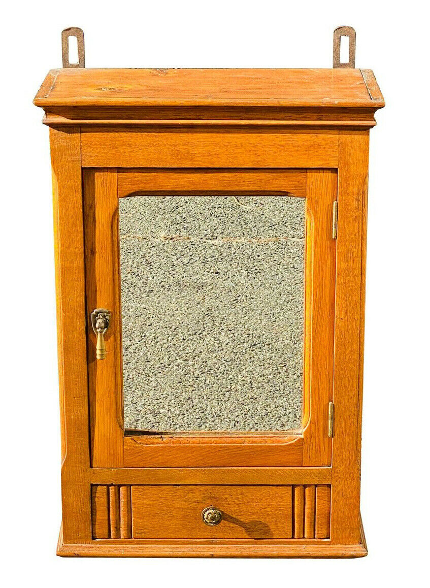 19TH C ANTIQUE VICTORIAN TIGER OAK WALL HANGING MEDICINE CABINET