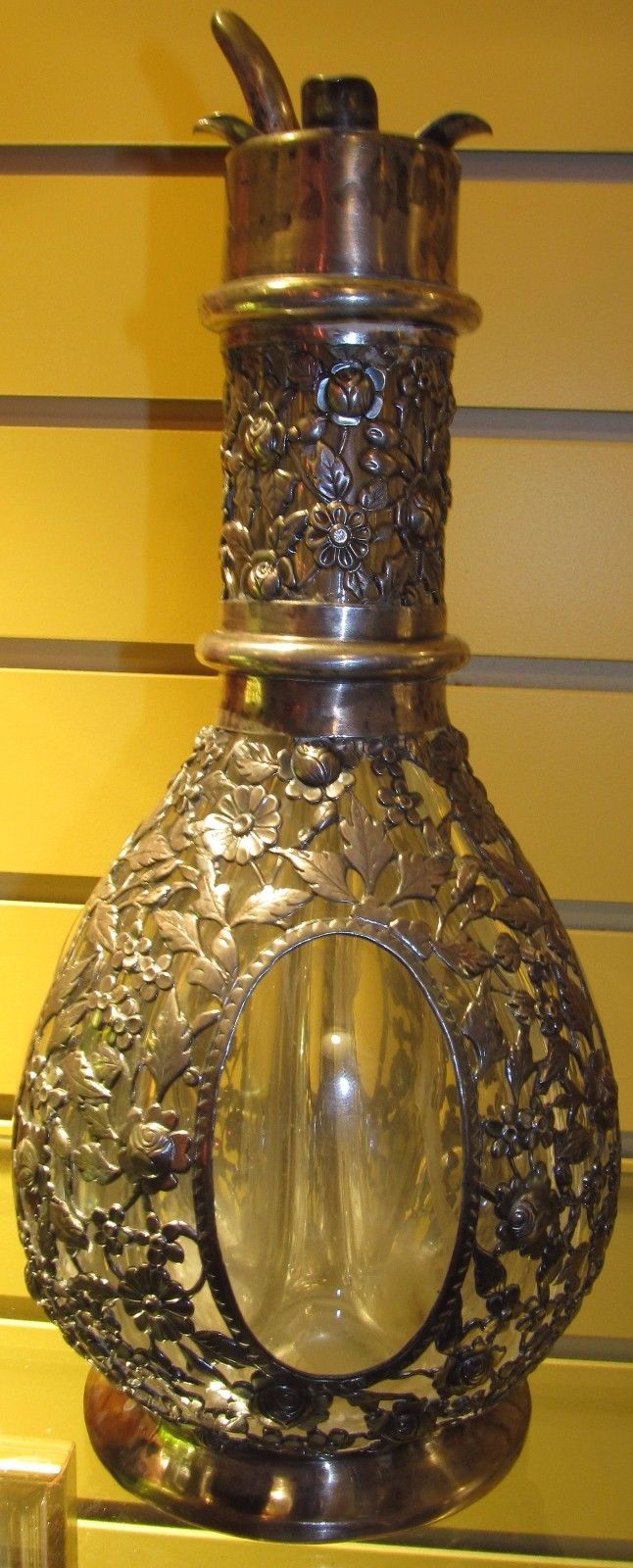 STERLING SILVER FRENCH 4 CHAMBER LIQUOR DECANTER-FINE FLORAL REPOSE WORK