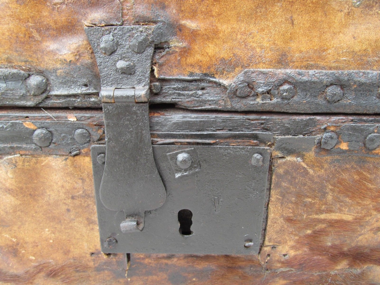 EARLY 19TH CENTURY LEATHER & HYDE COVERED STAGECOACH TRUNK