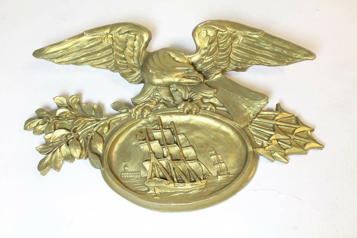 NAUTICAL LARGE PAIR OF GOLD GILT EAGLES OVER CLIPPERSHIP PLAQUES MERCANTILE