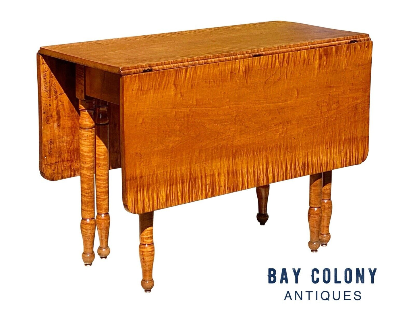 19th C Antique Sheraton Tiger Maple 6 Leg Drop Leaf Dining Table - Curly Maple