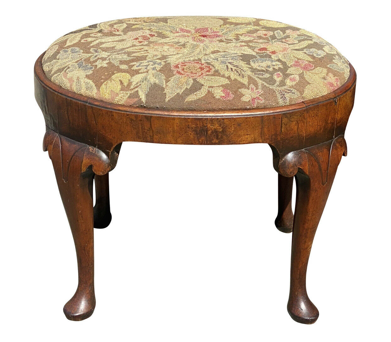 18TH C ANTIQUE QUEEN ANNE WALNUT NEEDLEPOINT FOOTSTOOL