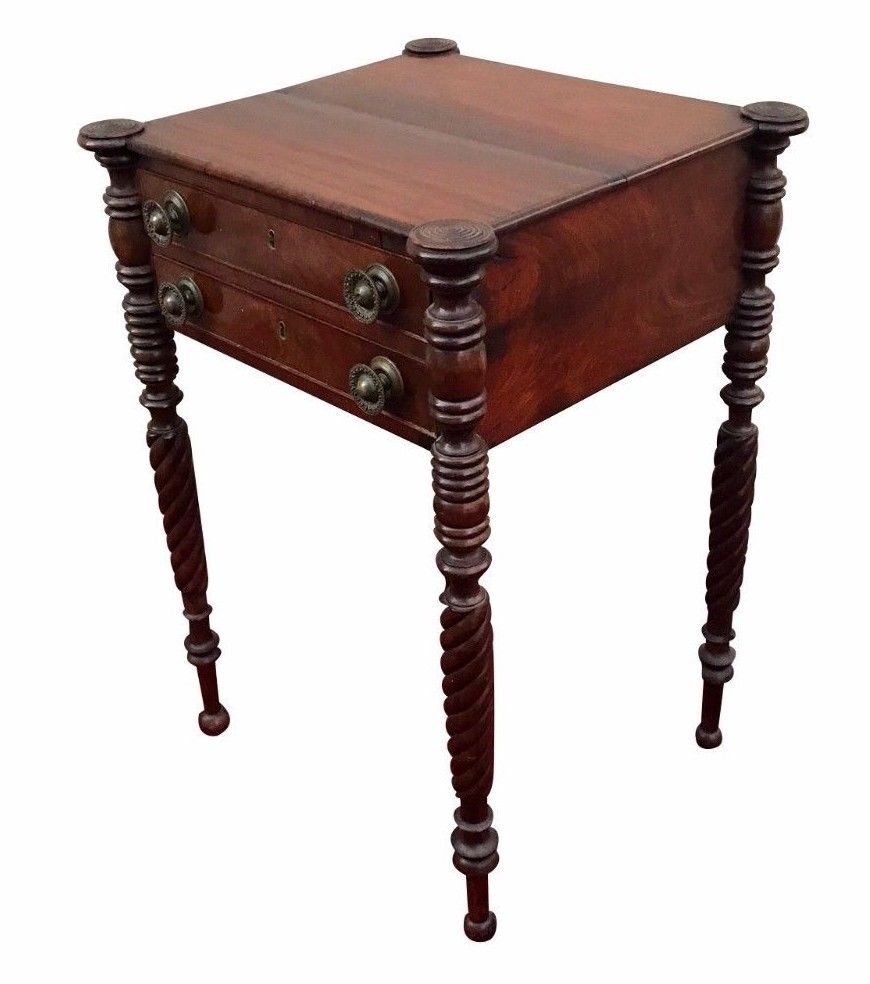 FINE SALEM MASSACHUSETTS SHERATON WORK TABLE WITH TURRET CORNERS & ROPE CARVINGS