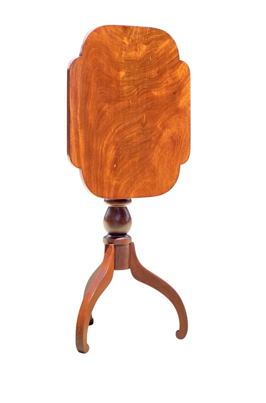 19th C Antique Boston Mahogany Tilt Top Candlestand W/ Scalloped Top