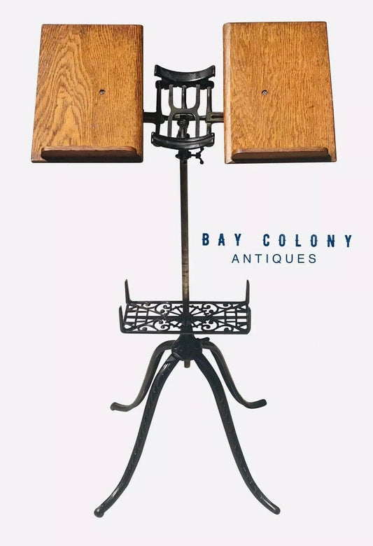 19TH C ANTIQUE VICTORIAN CAST IRON & OAK ADJUSTABLE DICTIONARY STAND ~ CLEAN