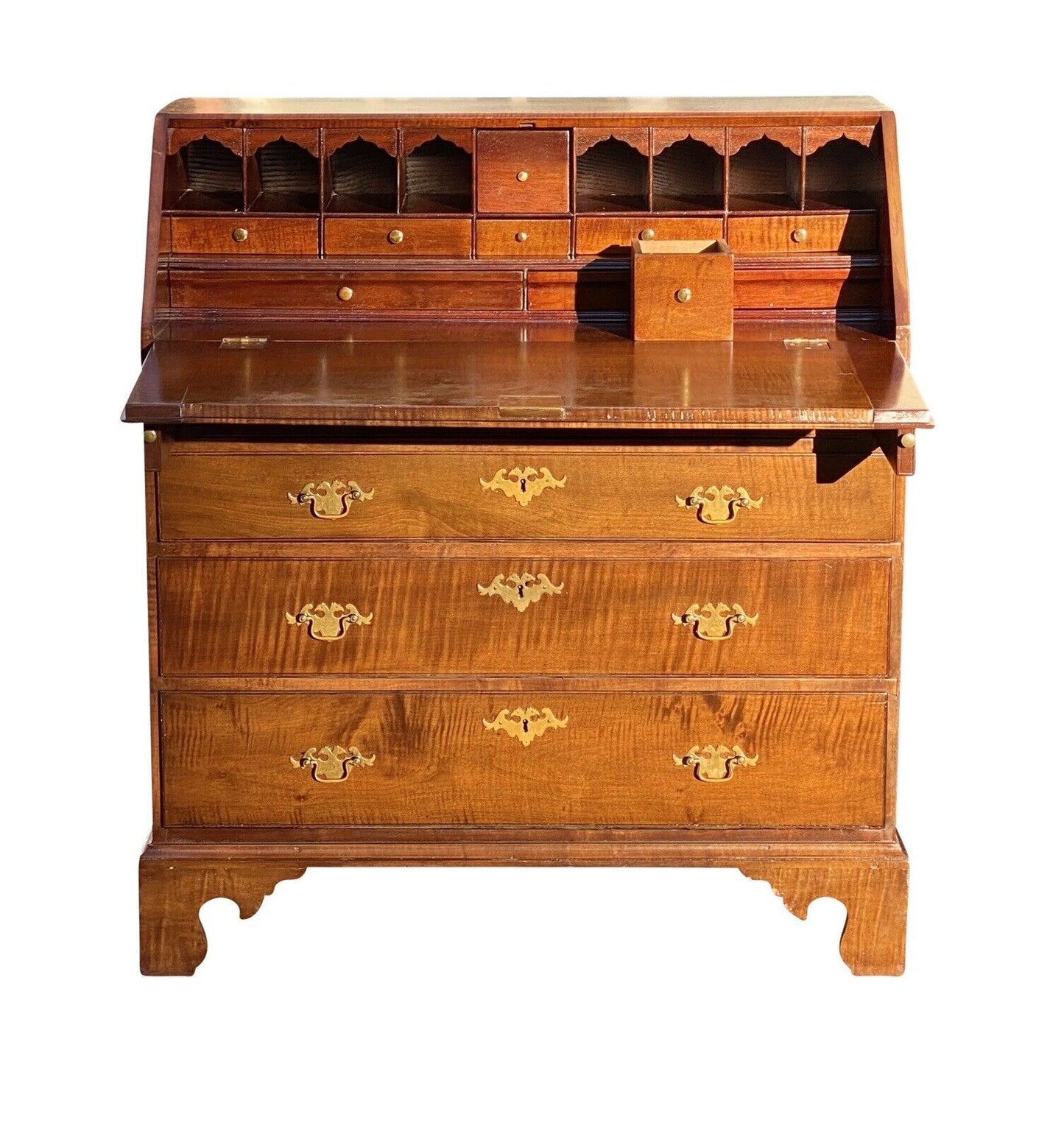 20th C Chippendale Antique Style Tiger Maple Slant Lid Desk With Hidden Drawer