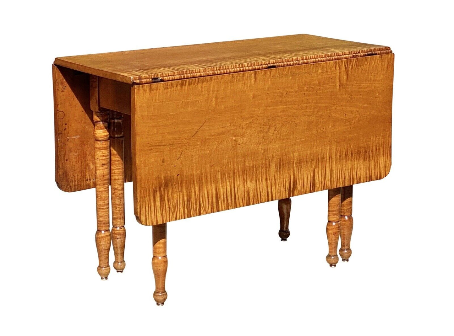 19th C Antique Sheraton Tiger Maple 6 Leg Drop Leaf Dining Table - Curly Maple