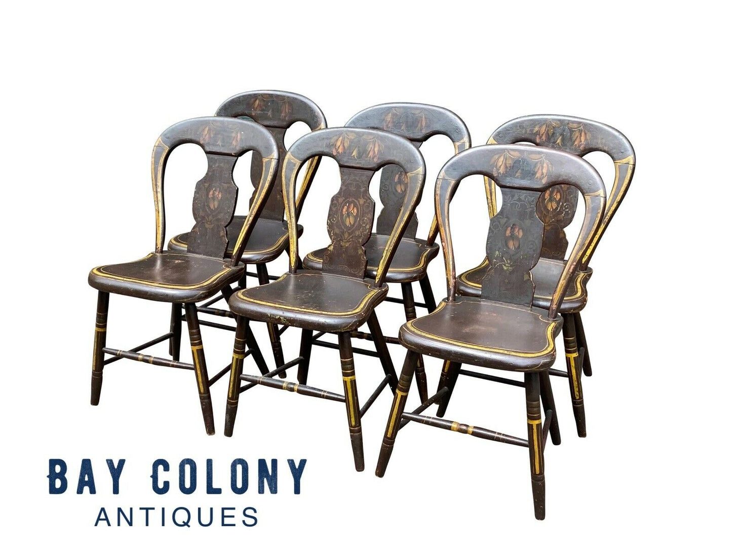 Antique Country Primitive Set of 6 Fancy Paint Hoop Back Windsor Chairs