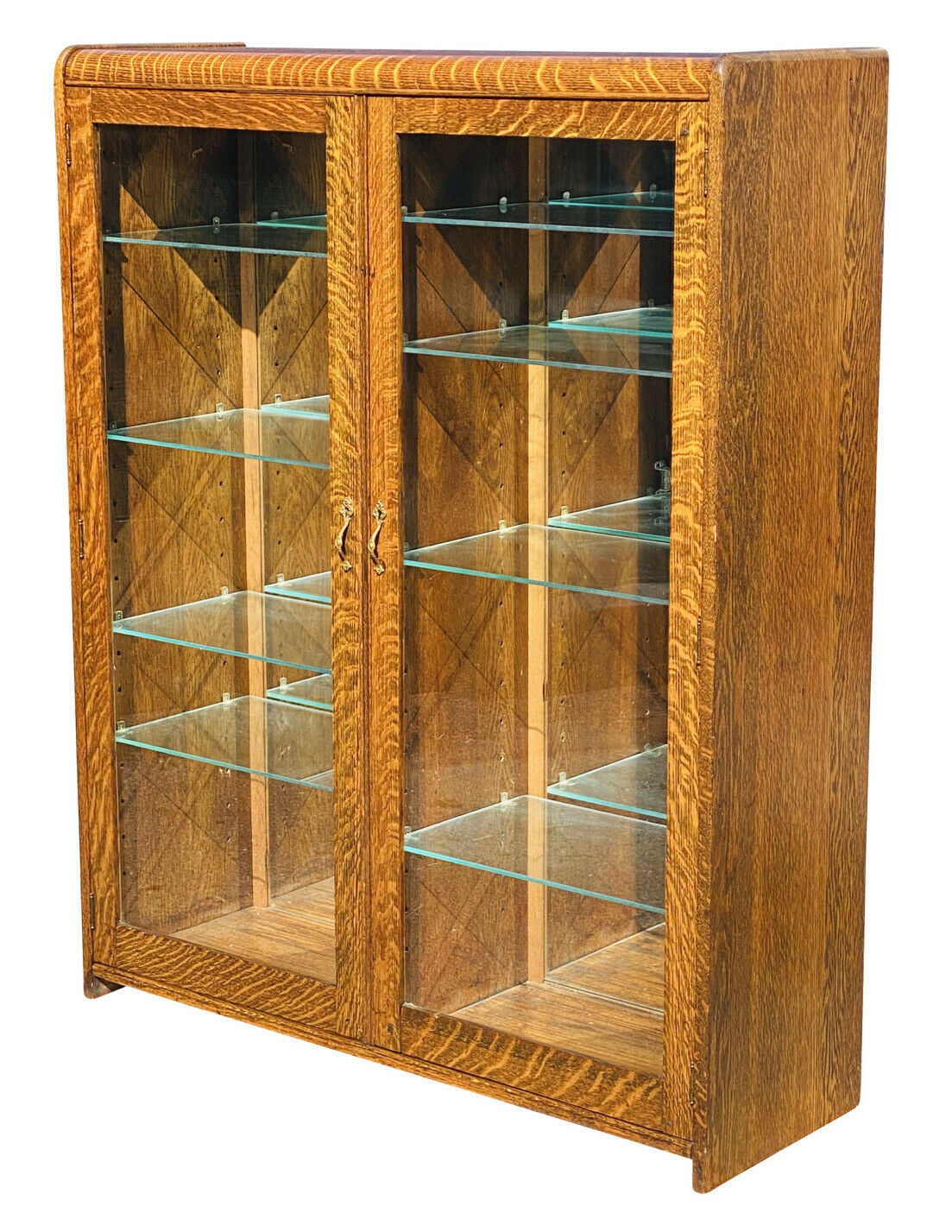 19TH C ANTIQUE VICTORIAN TIGER OAK DOUBLE DOOR BOOKCASE / CHINA CABINET