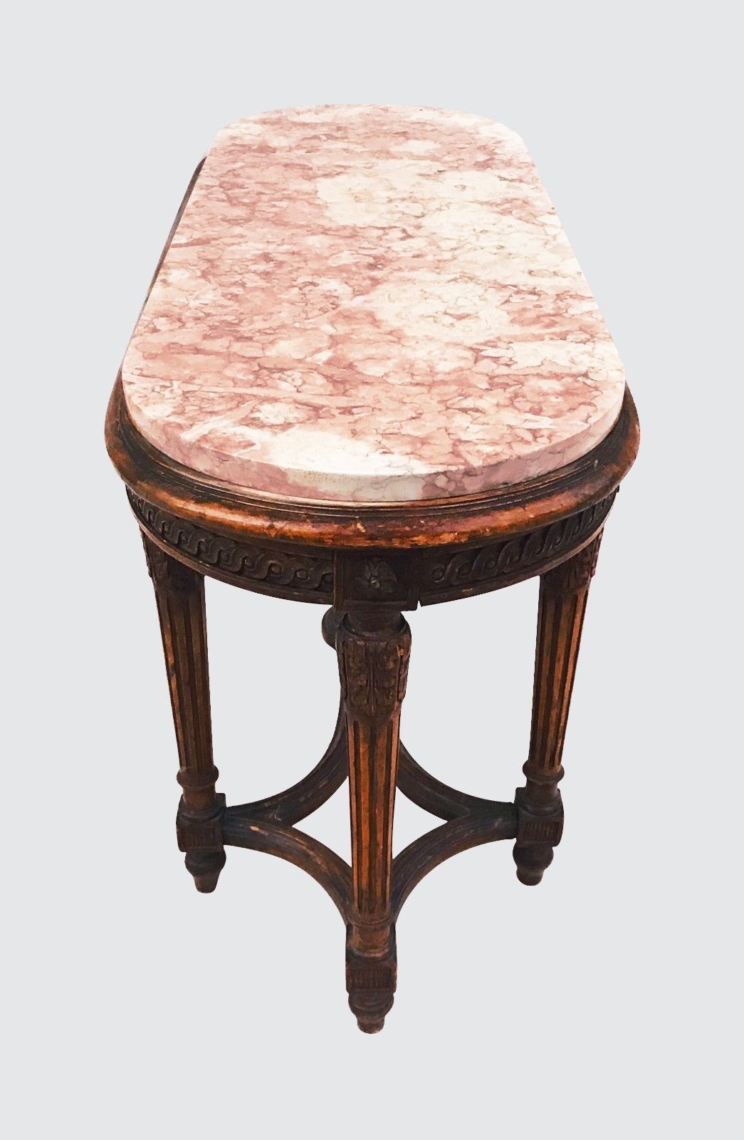 FRENCH STYLED CARVED OAK MARBLE TOPPED WINDOW BENCH TABLE