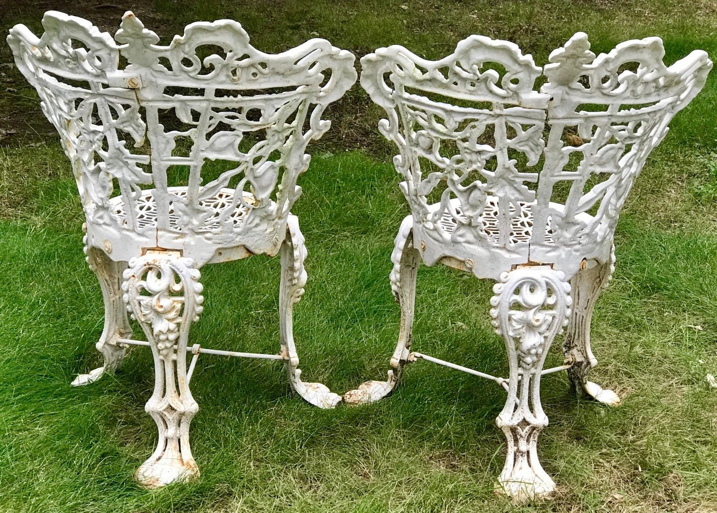 ANTIQUE 19TH C. VICTORIAN CAST IRON GARDEN CHAIRS W/ FLORAL AND VINE DESIGN