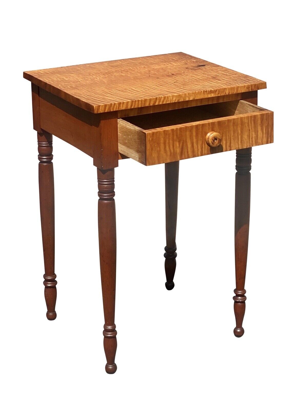 Early 19th Century Antique Federal Tiger Maple New England Work Table Nightstand