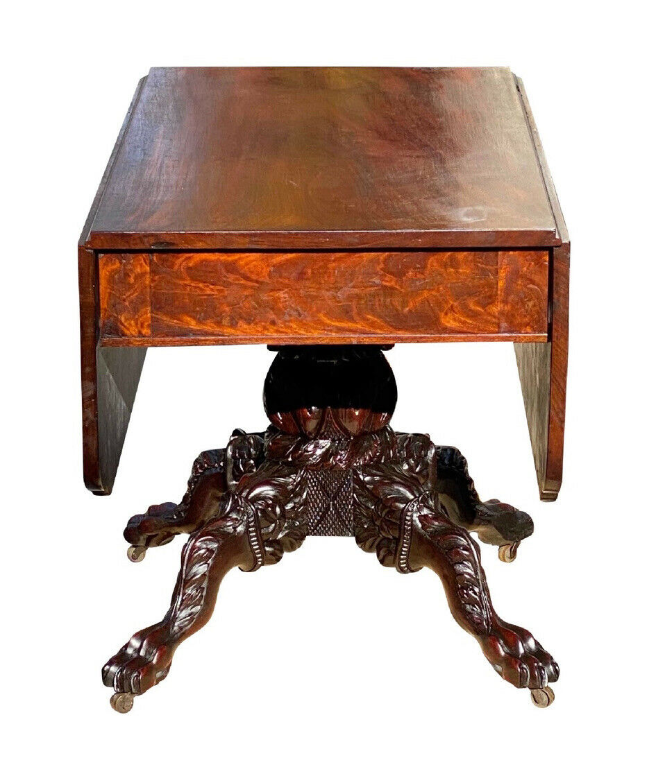 19th C Antique New York Heavily Carved Classical Mahogany Drop Leaf Dining Table