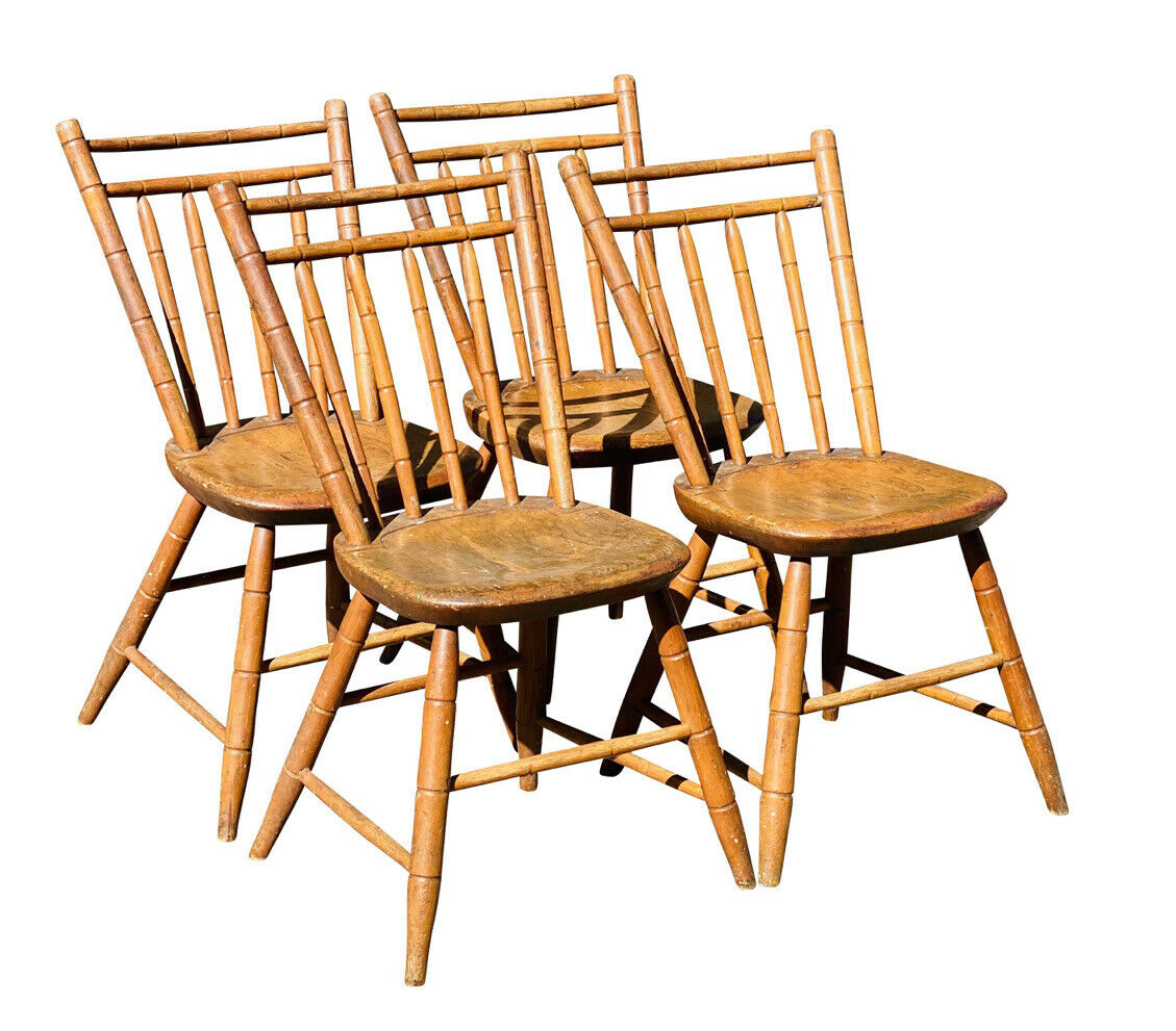 19TH C ANTIQUE SET OF 4 COUNTRY PRIMITIVE BAMBOO CARVED BIRD CAGE WINDSOR CHAIRS
