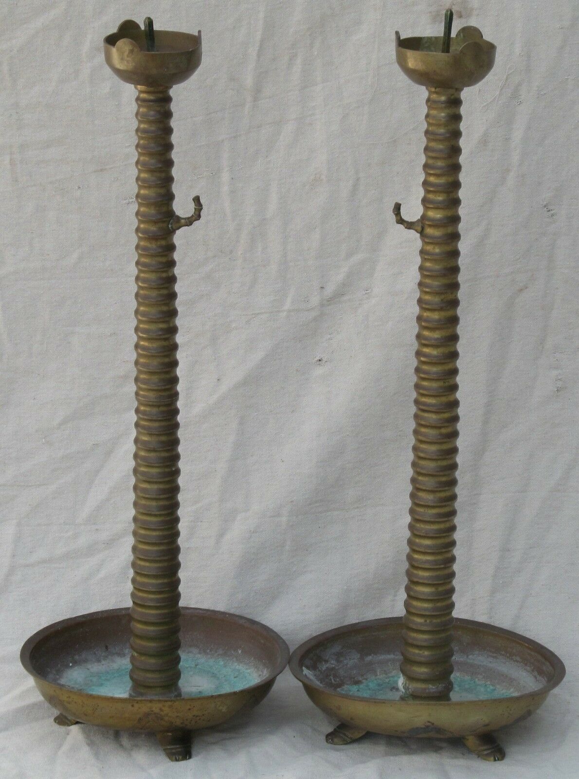 27" TALL MONUMENTAL ARTS & CRAFTS BRASS ANTIQUE CANDLESTICKS WITH FOOTED BASES