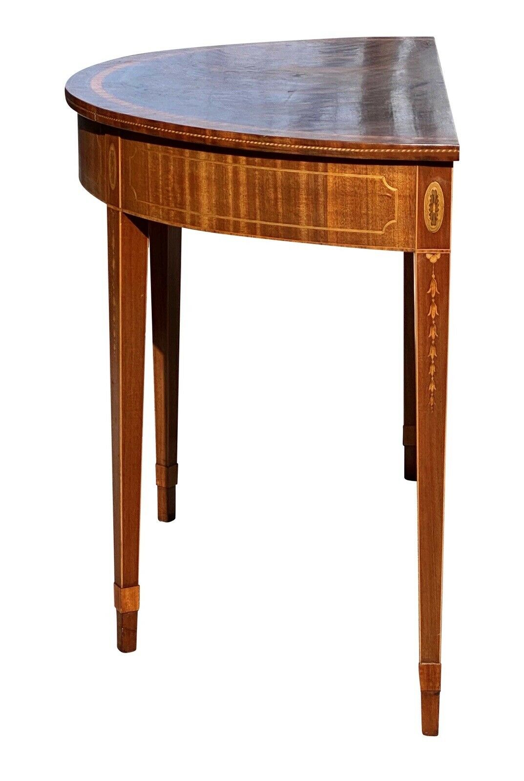 20th C Antique Mahogany Demilune Console Table W/ Satinwood Bellflower Inlays