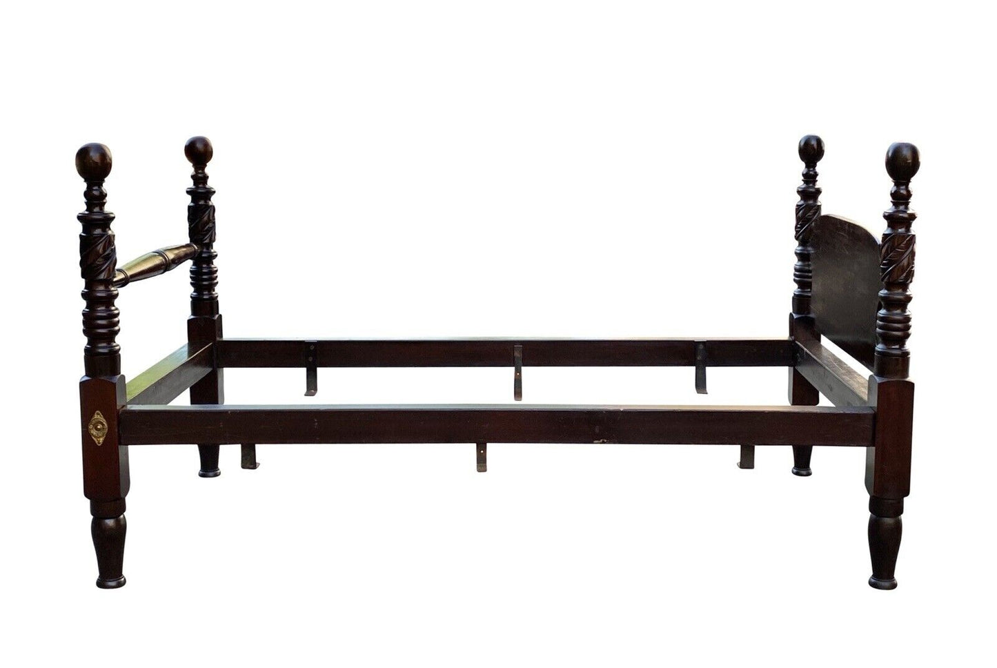 19th C Antique Pair of Twin Size Cannonball Beds W/ Acanthus Leaf Carved Posts