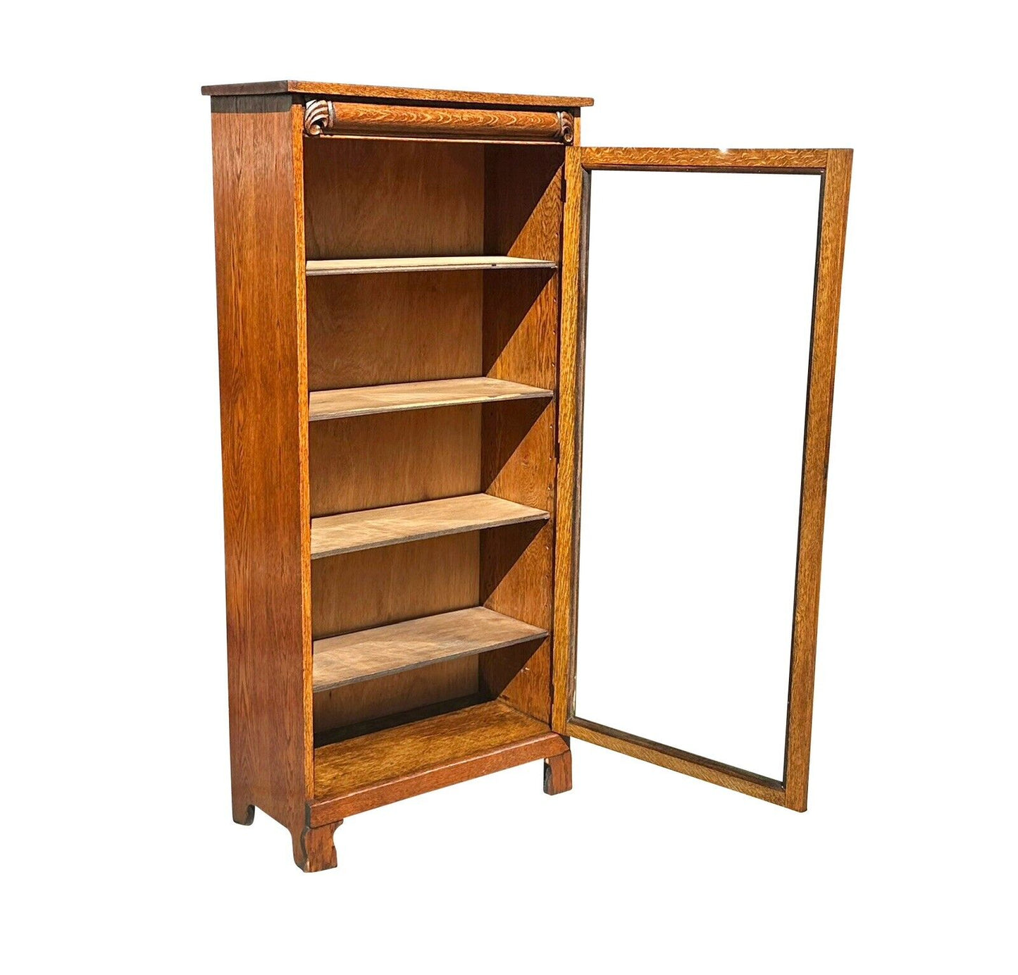 Antique Victorian Oak Carved Single Door Bookcase Cabinet With Adjusting Shelves