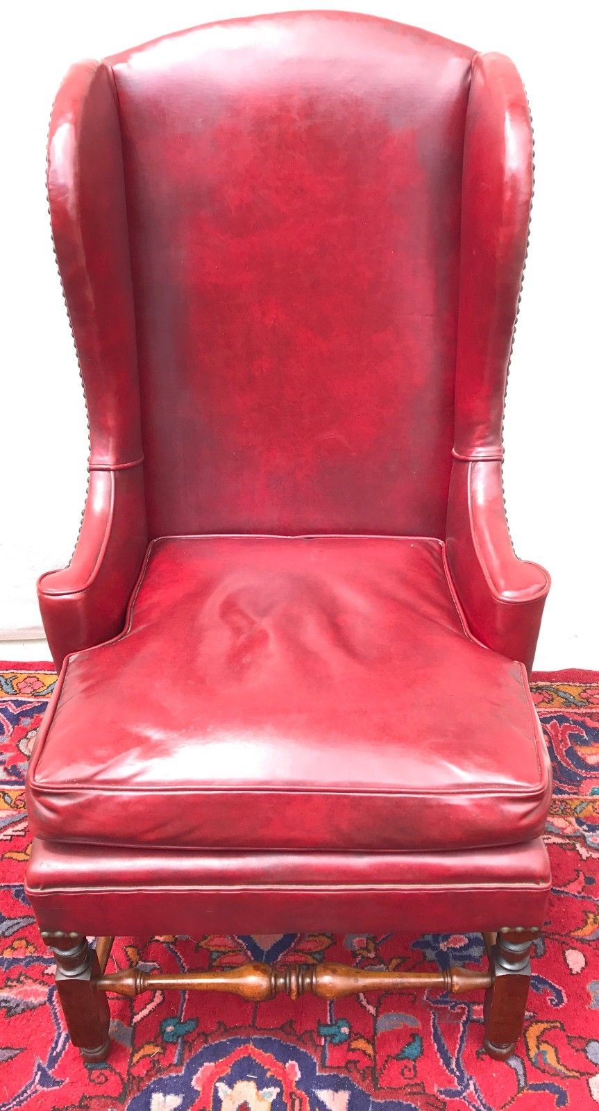 LEATHER ANTIQUE WILLIAM & MARY STYLED WING CHAIR