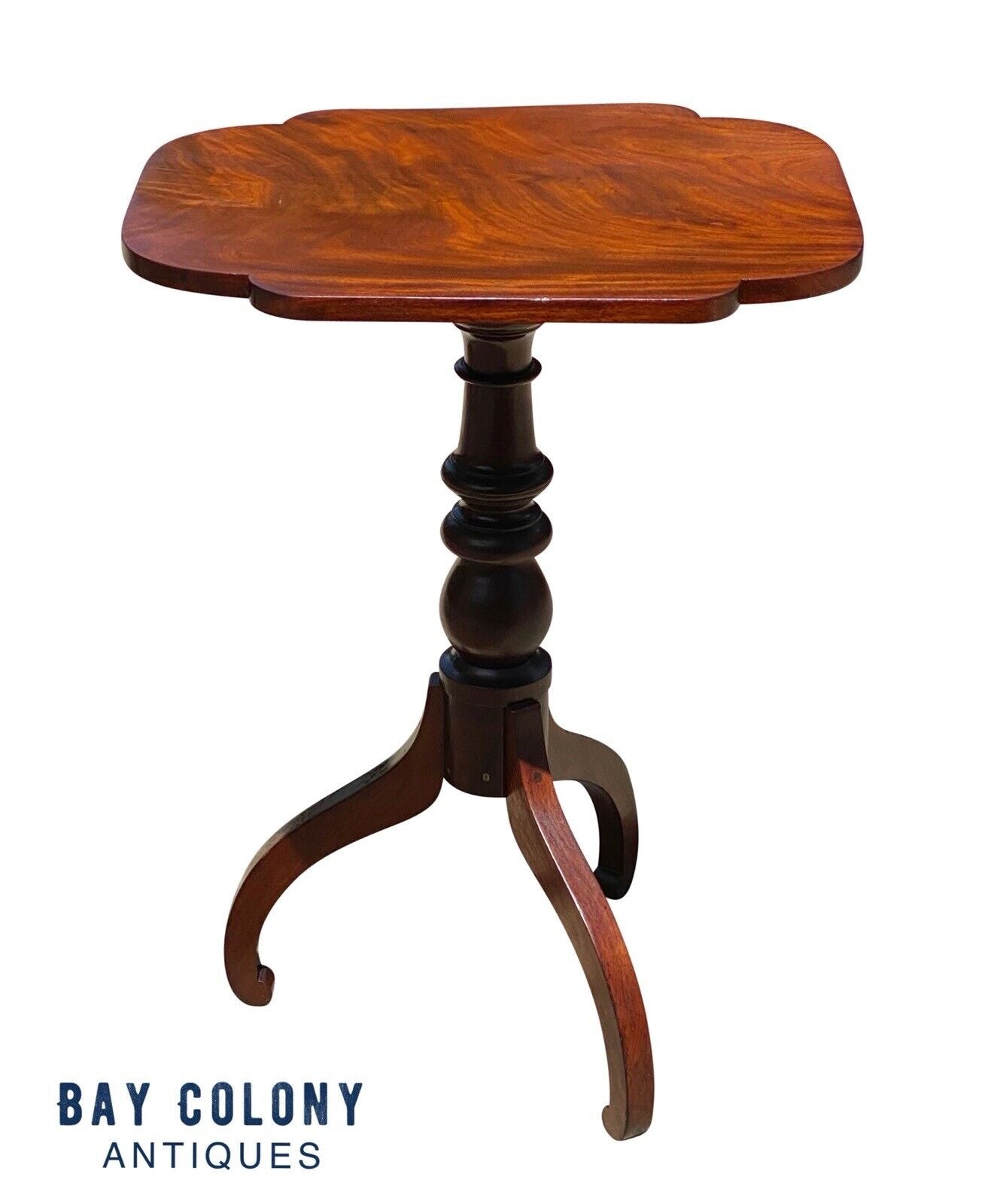 19th C Antique Boston Mahogany Tilt Top Candlestand W/ Scalloped Top