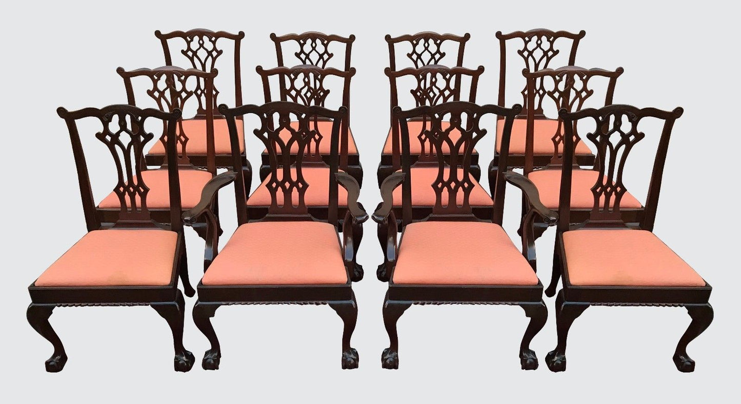 CHIPPENDALE STYLE SET OF 12 ANTIQUE MAHOGANY DINING CHAIRS & MASTERPIECES!