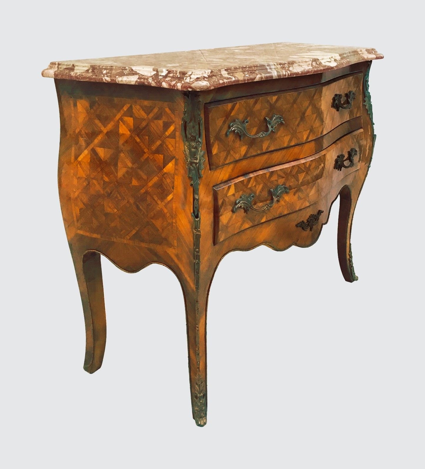 FRENCH LOUIS XV STYLED MARBLED TOPPED BOMBE FORMED DRESSER CONSOLE