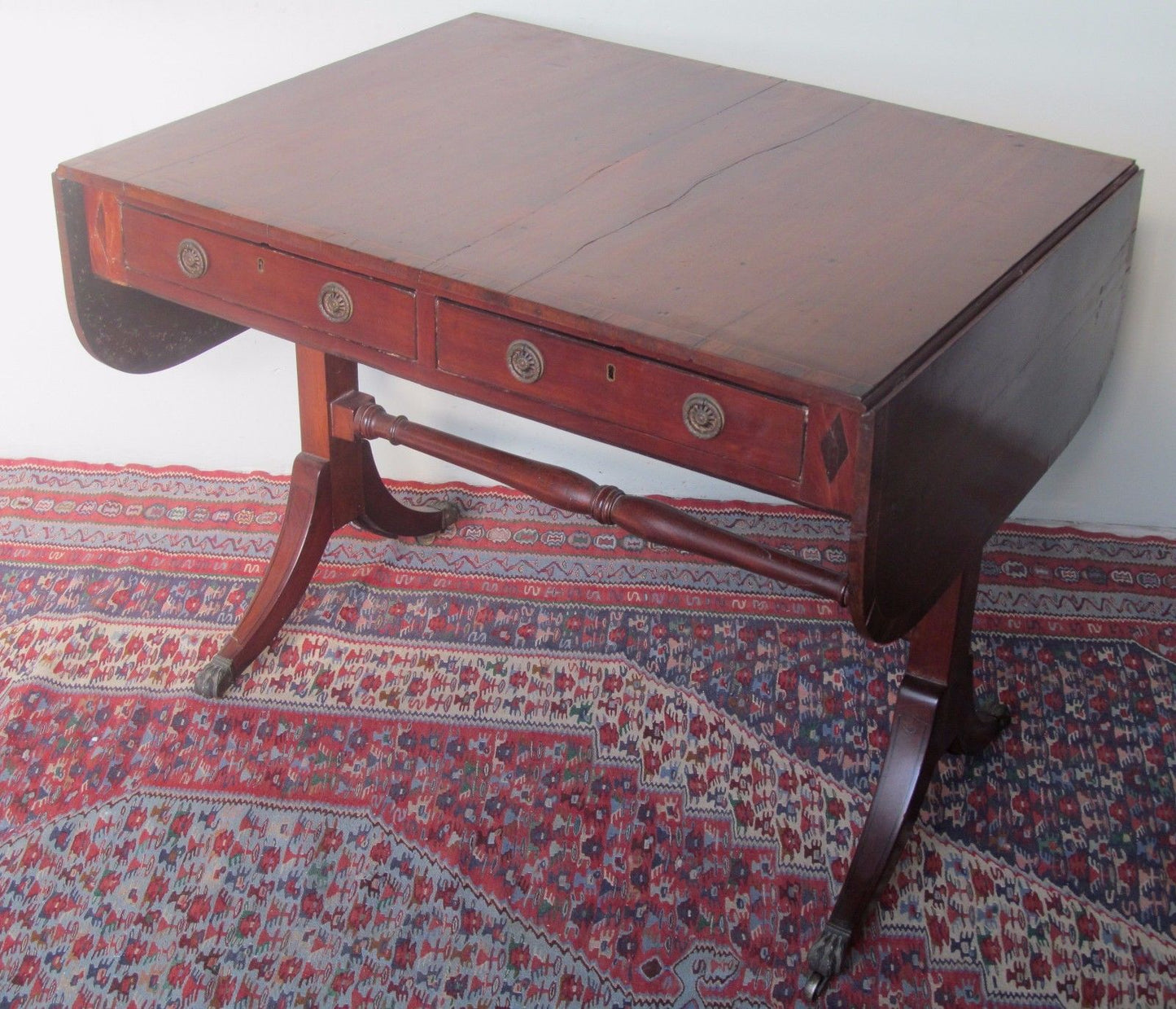 18thC REGENCY PERIOD MAHOGANY W/ ROSEWOOD & EBONY CROSS BANDED INLAID SOFA TABLE