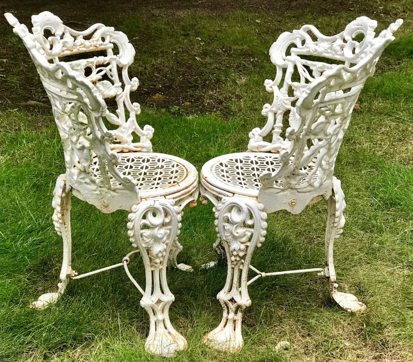 ANTIQUE 19TH C. VICTORIAN CAST IRON GARDEN CHAIRS W/ FLORAL AND VINE DESIGN