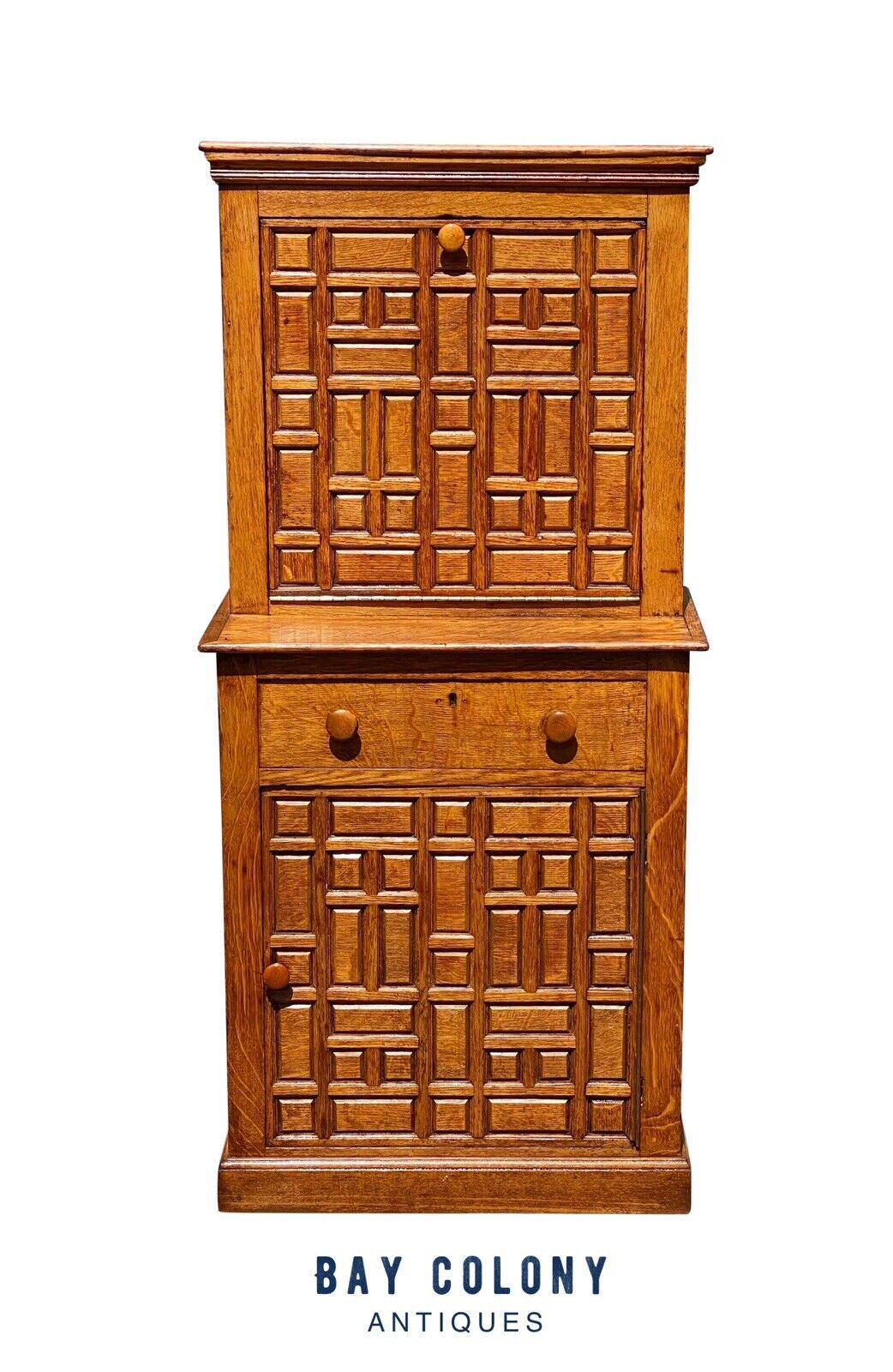 Antique Arts & Crafts Oak Liquor Cabinet With Geometric Panel Doors - Rare Size