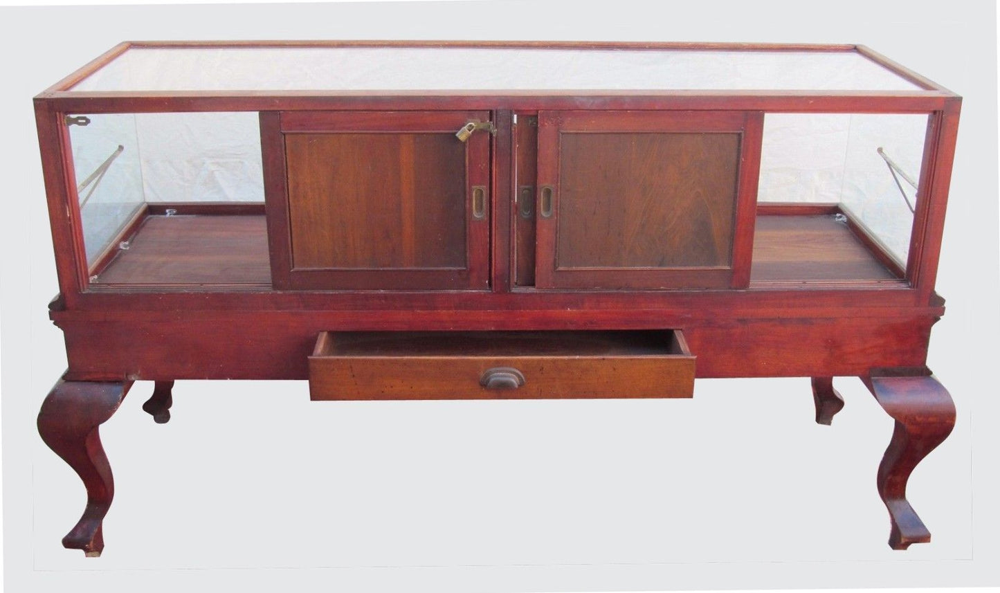 FANCY VICTORIAN BIRCH DISPLAY CASE ON TALL CABRIOLET LEGS