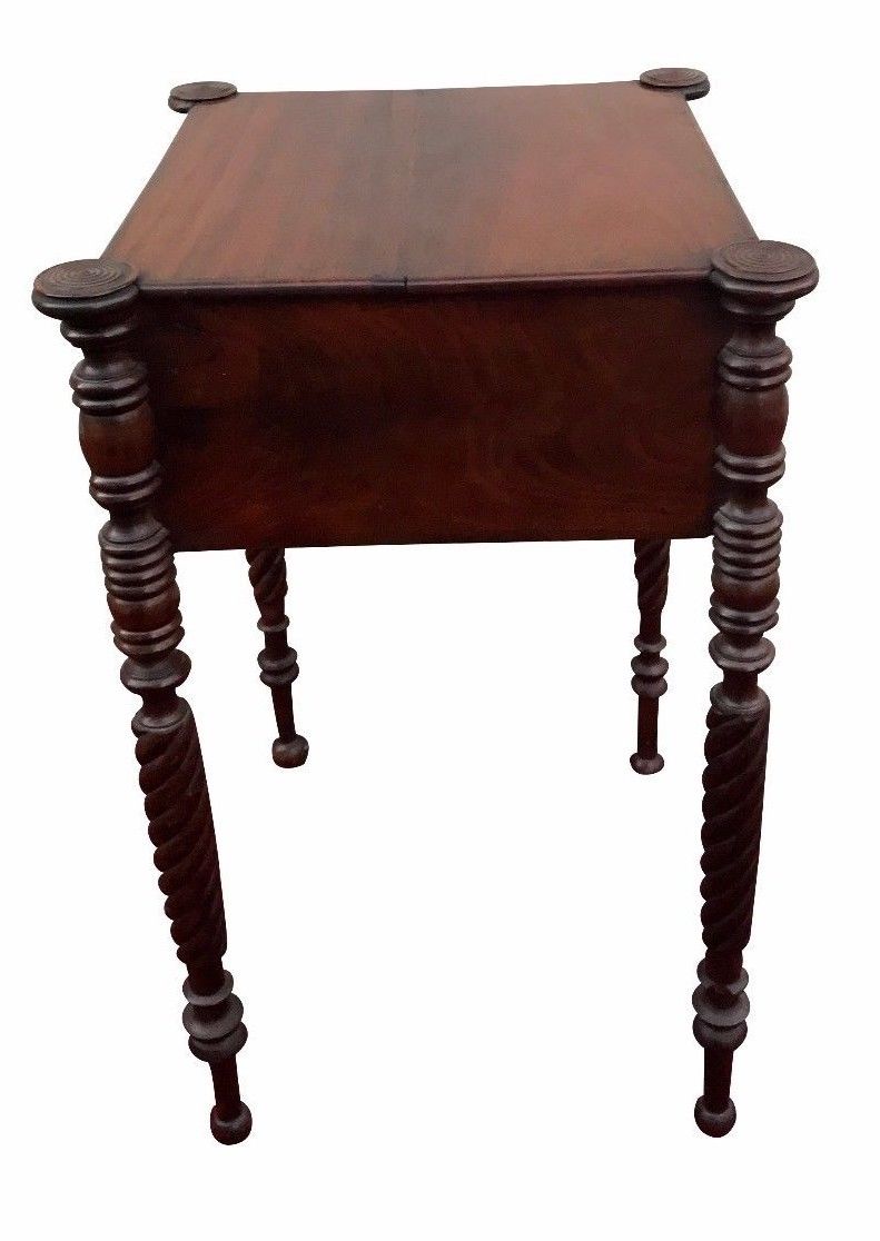 FINE SALEM MASSACHUSETTS SHERATON WORK TABLE WITH TURRET CORNERS & ROPE CARVINGS