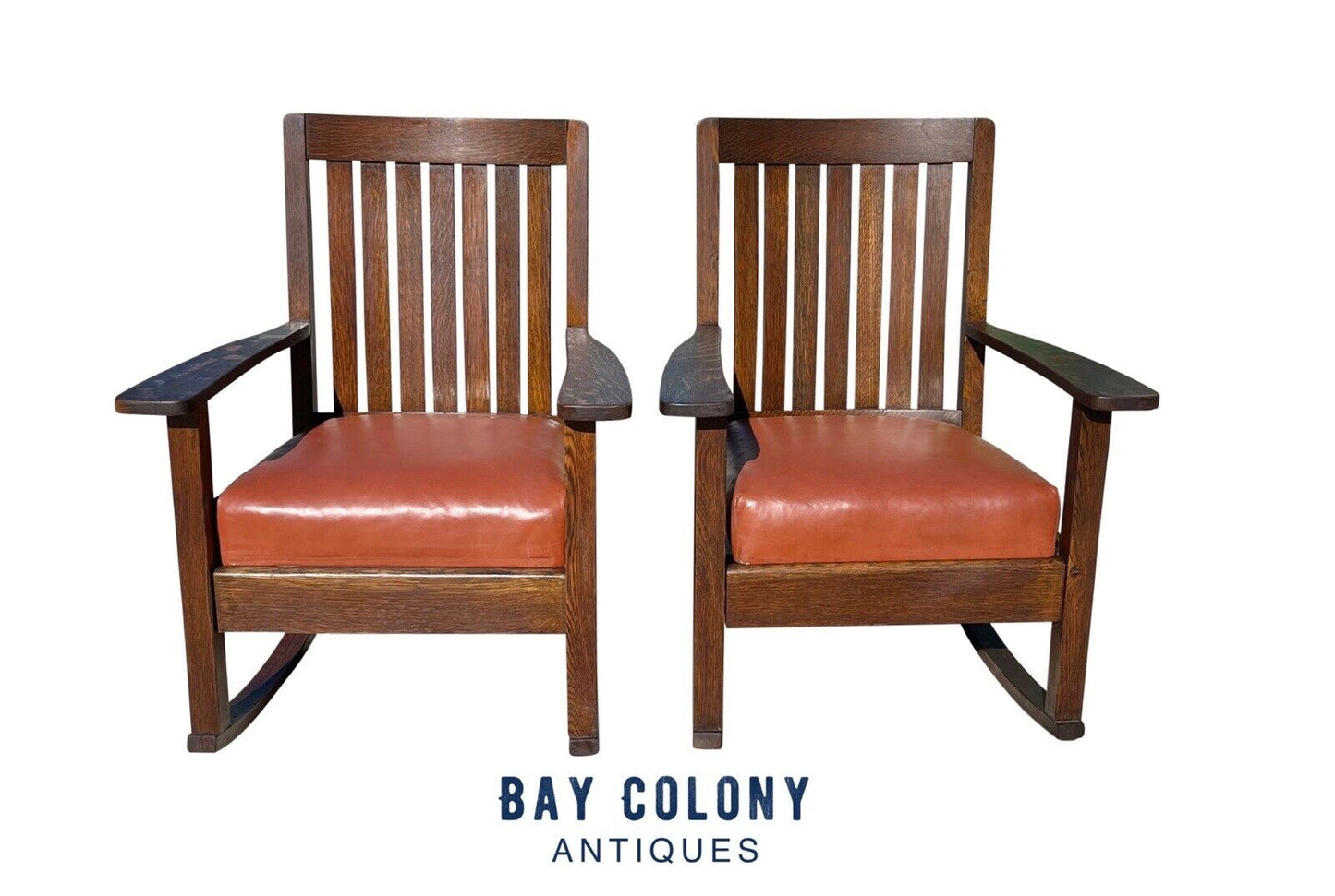 Pair of Antique Arts & Crafts Tiger Oak Rocking Chairs With Orange Leather Seats