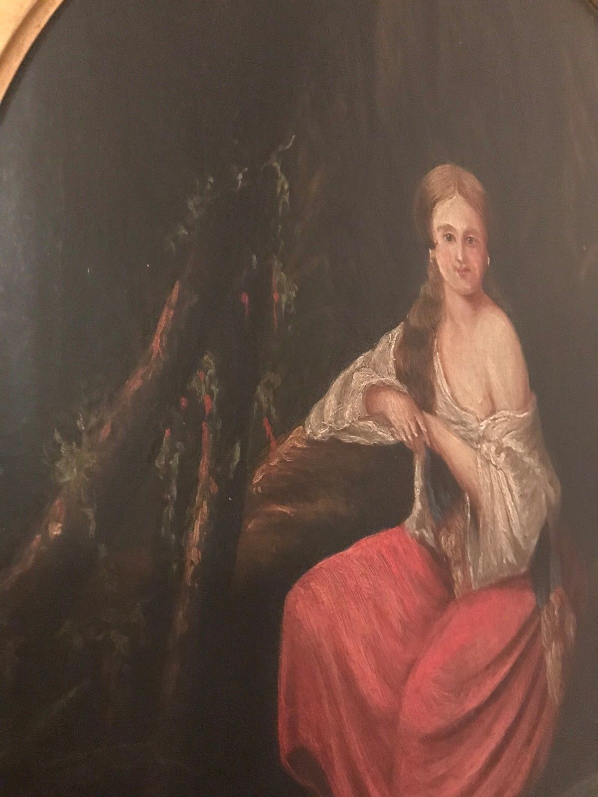 19TH CENTURY HUDSON RIVER VALLEY OIL ON CANVAS OF SEMI CLAD WOMAN IN MOONLIGHT